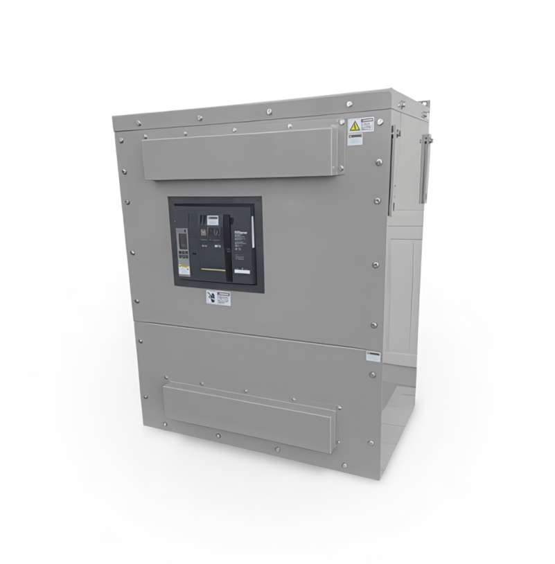 Angled view of a gray industrial electrical switchgear cabinet with a central breaker panel and warning sticker on a white background.