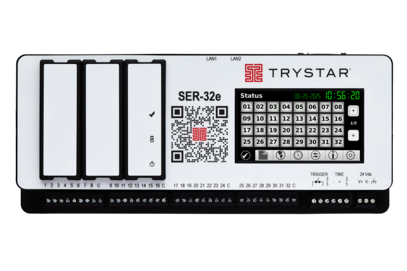 Front panel of a TRYSTAR SER-32e controller showing a grid keypad, QR code, and status display with LAN1/LAN2 labels.