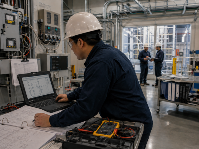 Engineer in a hard hat uses a laptop to review electrical schematics at a workstation in a manufacturing plant