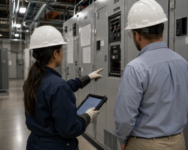Two workers in hard hats inspect electrical control panels in a plant; one points at a panel while the other holds a tablet with data.