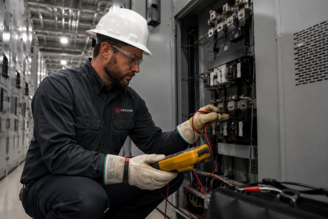 Electrician in hard hat and safety glasses testing a high‑voltage panel with a handheld meter and probes in a server room.