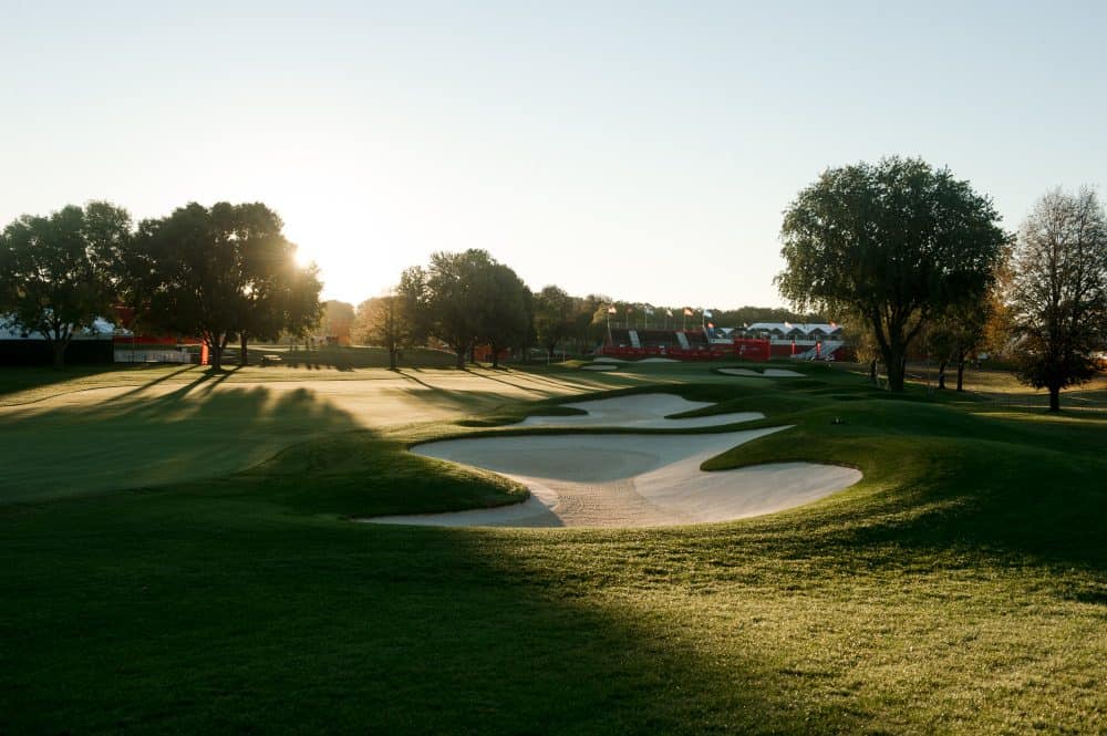 Sand trap of a gold course at sunset