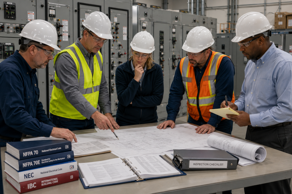 Consulting-specifying engineers and Authorities Having Jurisdiction conferring over electrical code compliance.