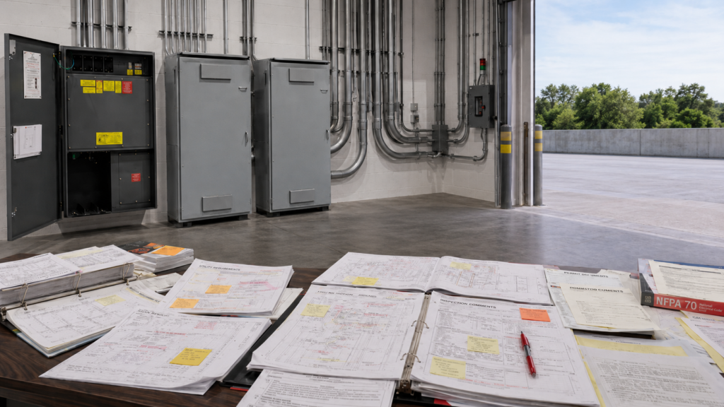 Industrial utility room with electrical panels and multiple conduit pipes along the wall; worktable covered in binders, blueprints, and sticky notes. A view of an outdoor loading bay and trees is visible through the open bay.