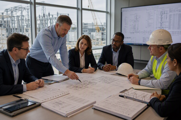 Team of professionals around a table reviewing blueprints with a construction site visible through large windows behind them.