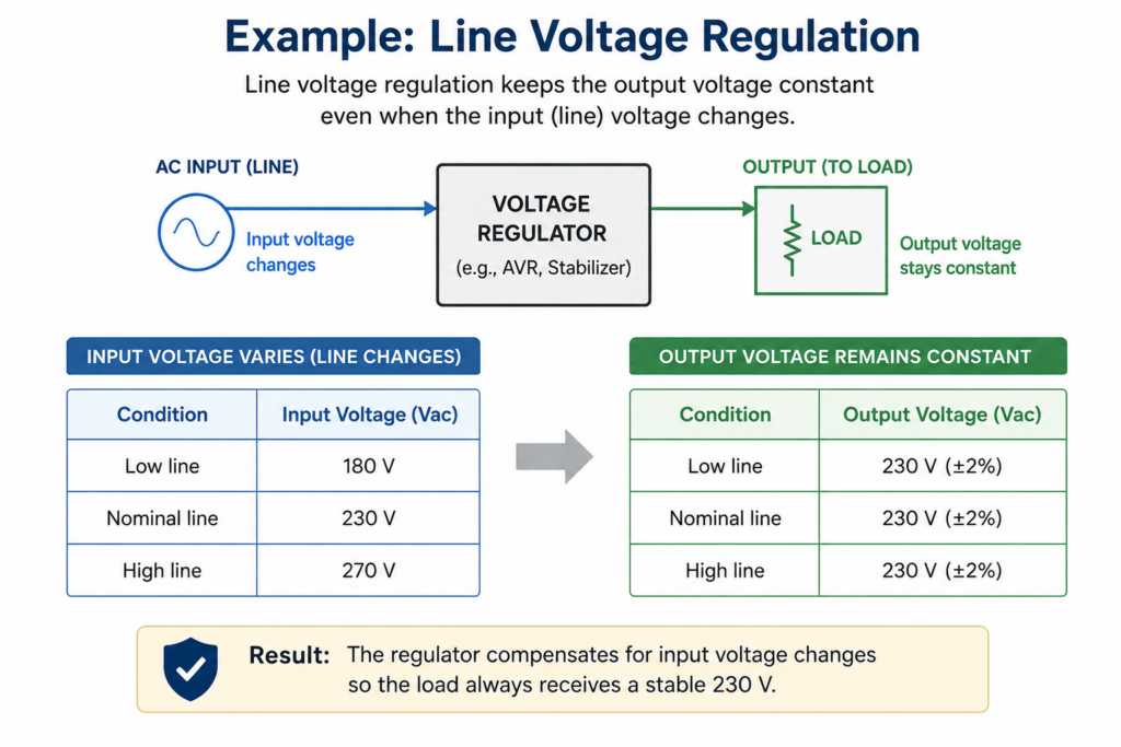 Line Voltage Regulation keeps the output voltage constant even when the input (line) voltage changes.