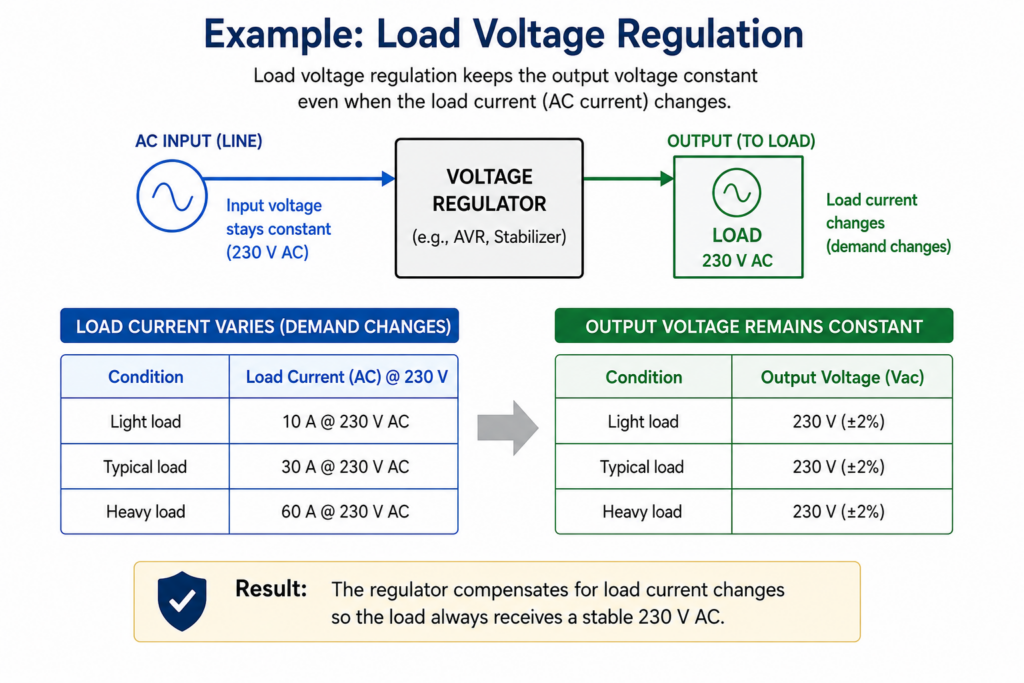 Load Voltage Regulation keeps the output voltage constant even when the load current (AC current) changes.