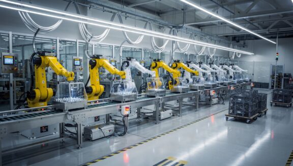 Row of yellow robotic arms along a conveyor in a modern automated factory.