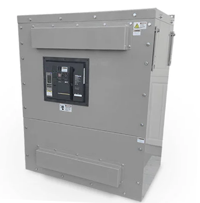 Industrial electrical distribution panel in a gray steel enclosure with a central circuit breaker.