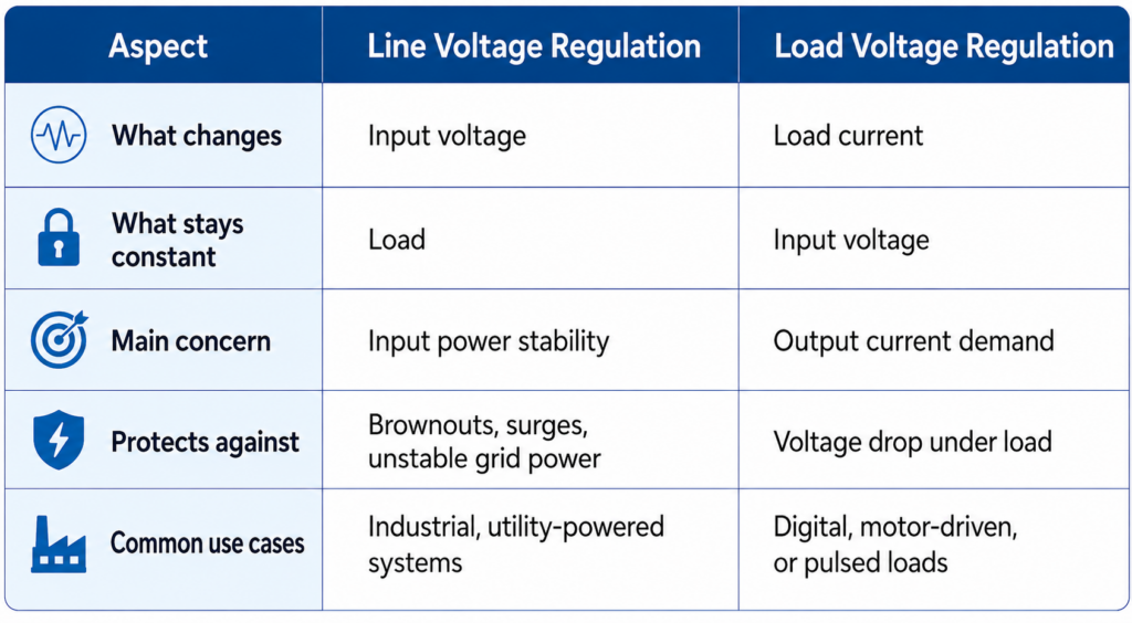 Key differences between Line Voltage Regulation and Load Voltage Regulation