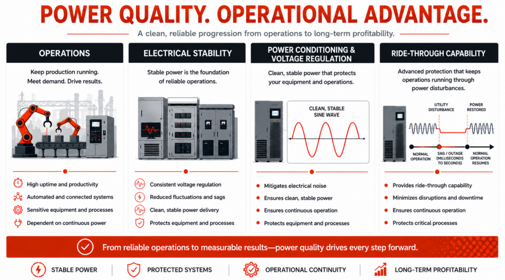 Infographic showing four pillars of power quality: Operations, Electrical Stability, Power Conditioning & Voltage Regulation, and Ride-Through Capability, with icons and bullet benefits underneath each panel.