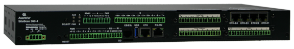 Rack-mount industrial network appliance (Asentria SiteBoss-304) with multiple green terminal blocks, USB, Ethernet, and RS-232 ports for site management and data transfer.