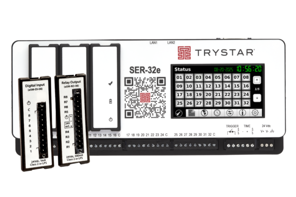 TRYSTAR SER-32e industrial controller with QR code, keypad display, and detachable relay/input modules.