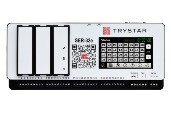 Front panel of a TRYSTAR SER-32e controller showing a grid keypad, QR code, and status display with LAN1/LAN2 labels.