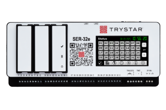 Front panel of a Trystar SER-32e device showing keypad, QR code, and serial branding.