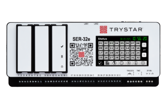 Front panel of a Trystar SER-32e device showing keypad, QR code, and serial branding.