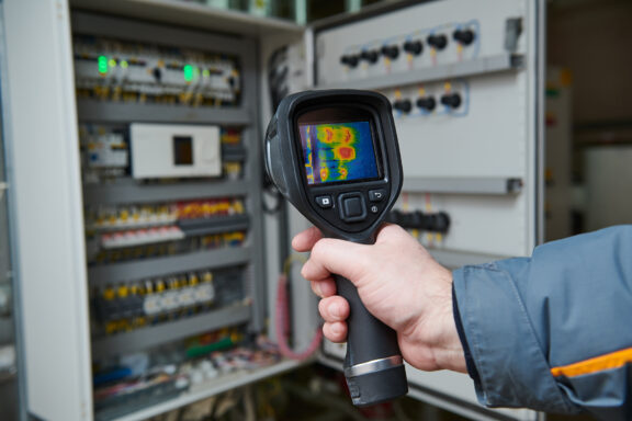 Person holding a handheld infrared camera and inspecting an electrical panel or control cabinet.