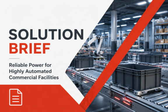 Banner image for a solution brief showing a high-tech warehouse with a robotic arm and conveyor belts, bold text 'SOLUTION BRIEF' and 'Reliable Power for Highly Automated Commercial Facilities' with a red diagonal accent and a document icon on a red lower panel.