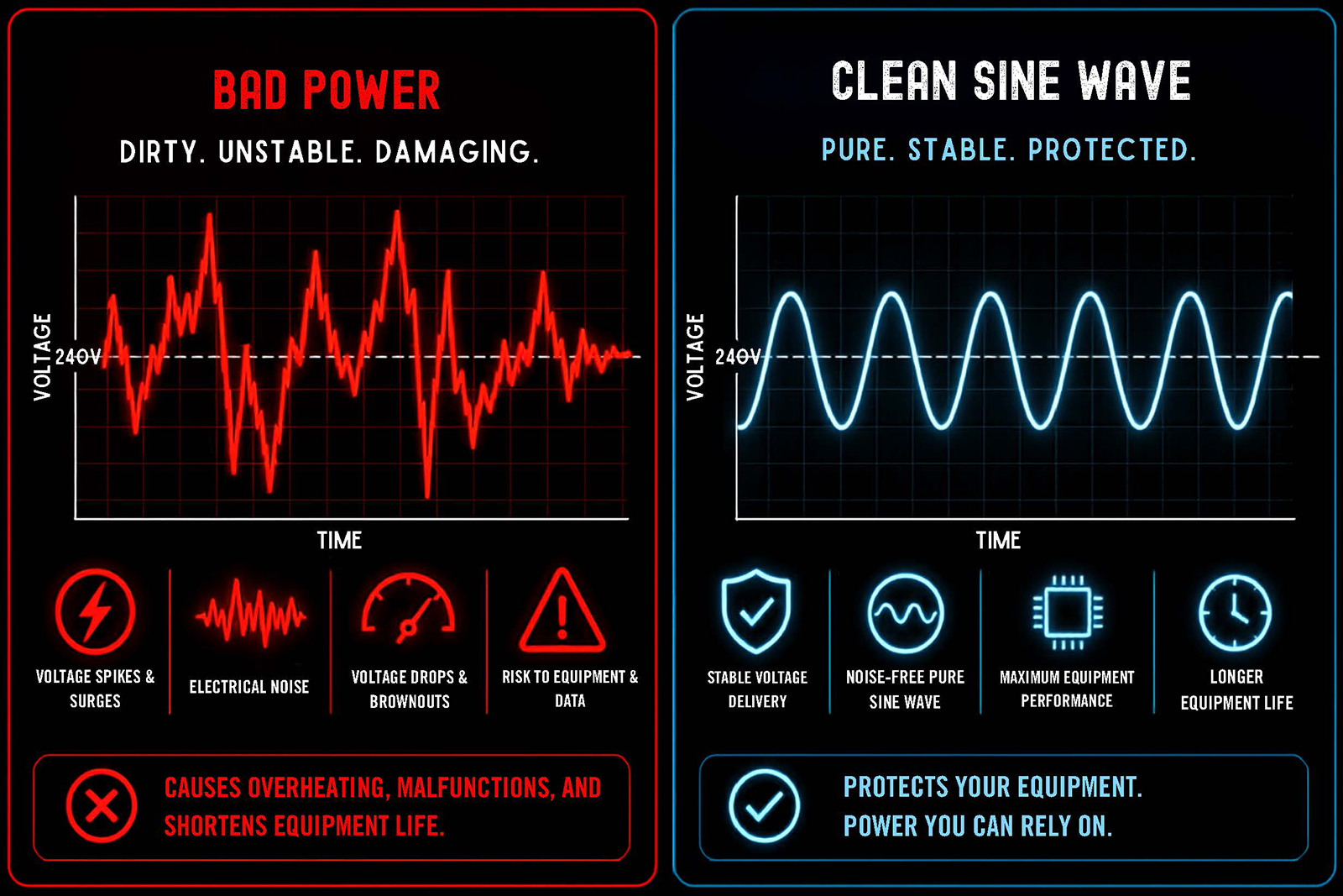 Comparison infographic: left panel shows chaotic red voltage spikes and warning icons; right panel shows stable blue sine wave and icons signaling reliability.