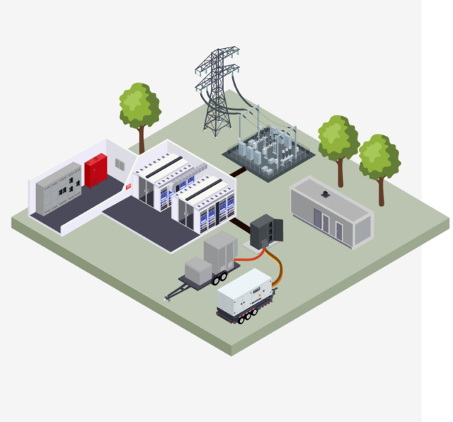 Isometric energy site with server racks, substation, power lines, and generator trailer among trees and buildings.