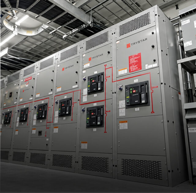 Row of gray electrical switchgear cabinets with control panels and vents in an industrial data-center room